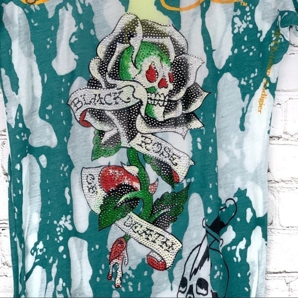 New-ed Hardy Black Rose Of Death Rhinestones BurnOut Sheer ShortSleeve Tee Shirt - Picture 2 of 13